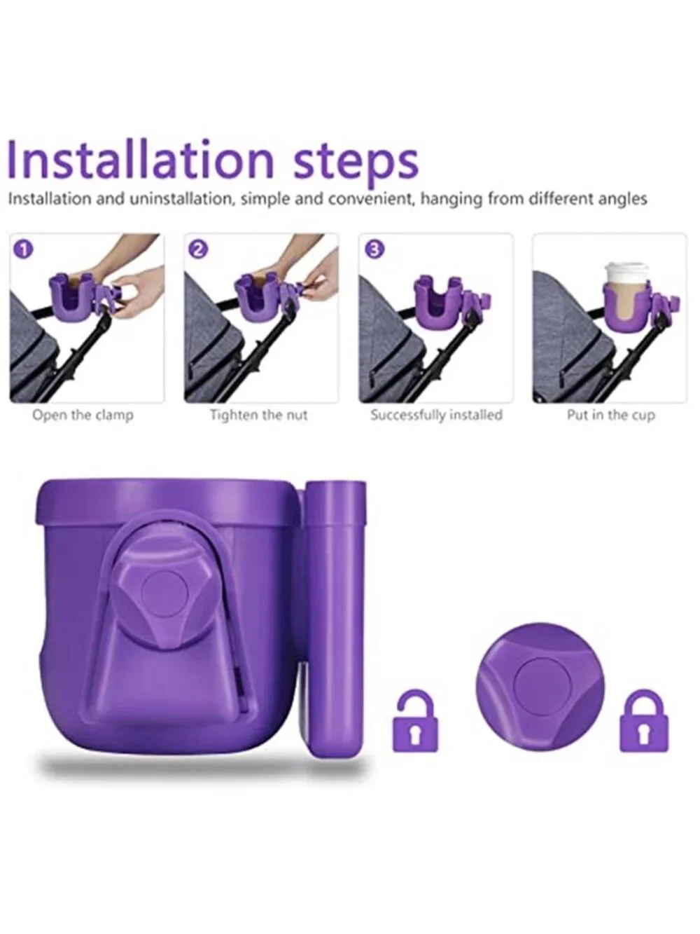 Cup Holder with Phone for Walker Wheelchair Stroller Purple Fits